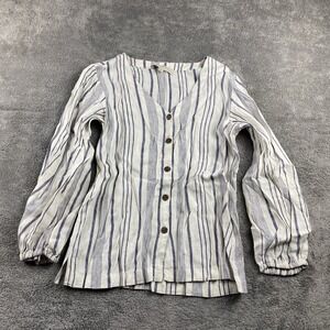 Loft Linen Blend Blouse Womens XS Long Sleeve Blue White Buttons